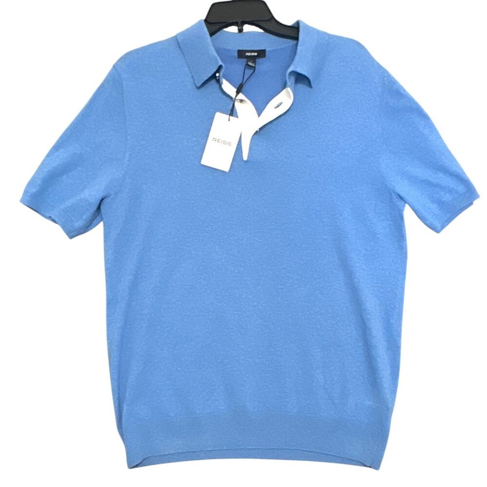 Reiss Finch Half Button Polo Shirt Men's Large Blue Knit Stretch NWT